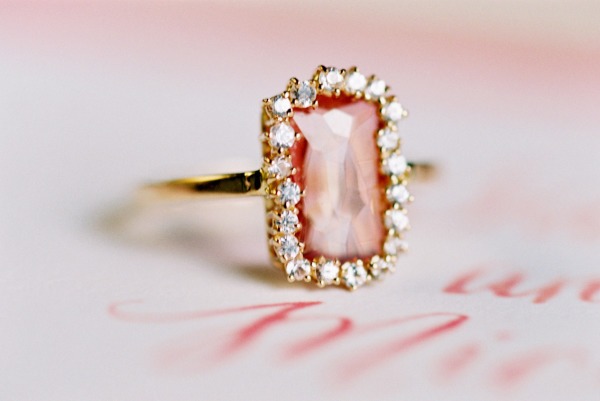 Pink engagement ring with diamond halo and simple gold band - Fairly Southern