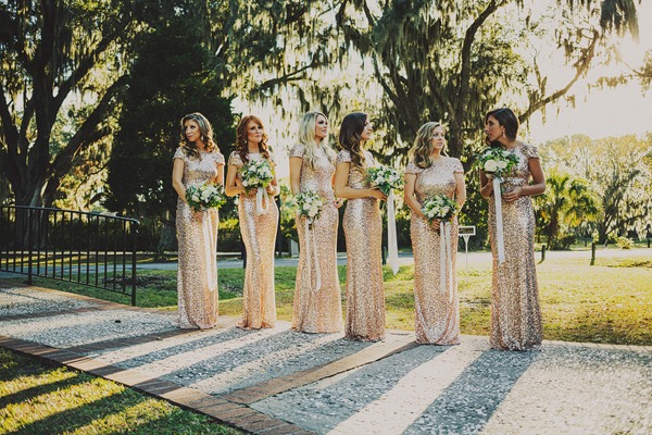 Gold Sequined Badgley Mischka Bridesmaid Dresses - Fairly Southern