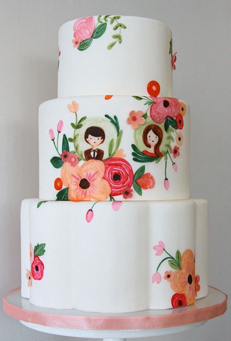 Personalized, Hand-Painted Floral Wedding Cake Featuring Bride and Groom Motifs - Fairly Southern