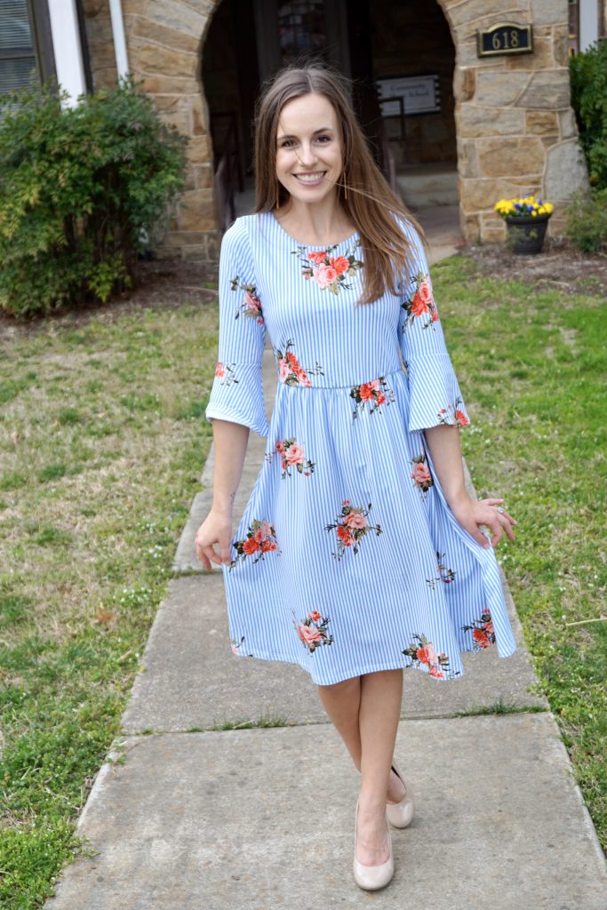 Spring Ethical Fashion Trends  |  Patterns on Patterns  |  Floral on blue stripe dress  |  Fairly Southern