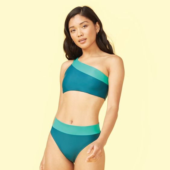 Summersalt teal and green one shoulder bikini  |  Sustainable and Ethically Made Swimwear for Women, Men, and Kids  |  Fairly Southern